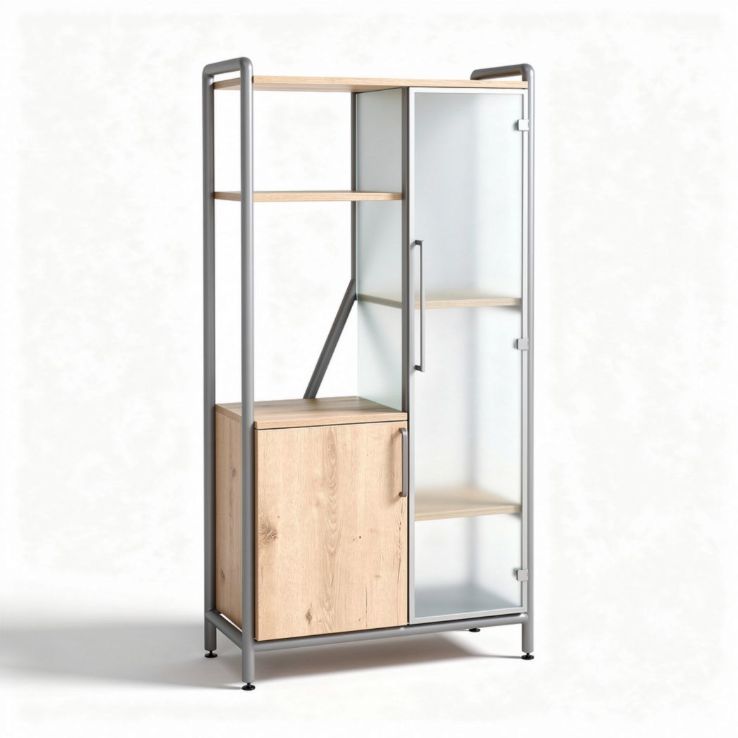 Glass and wood storage cabinet with metal frame 80 x 40 x 180cm