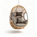 Hanging egg chair with padded cushions made of rattan in beige color