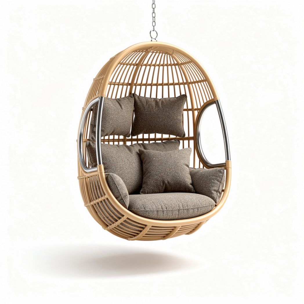 Hanging egg chair with padded cushions made of rattan in beige color