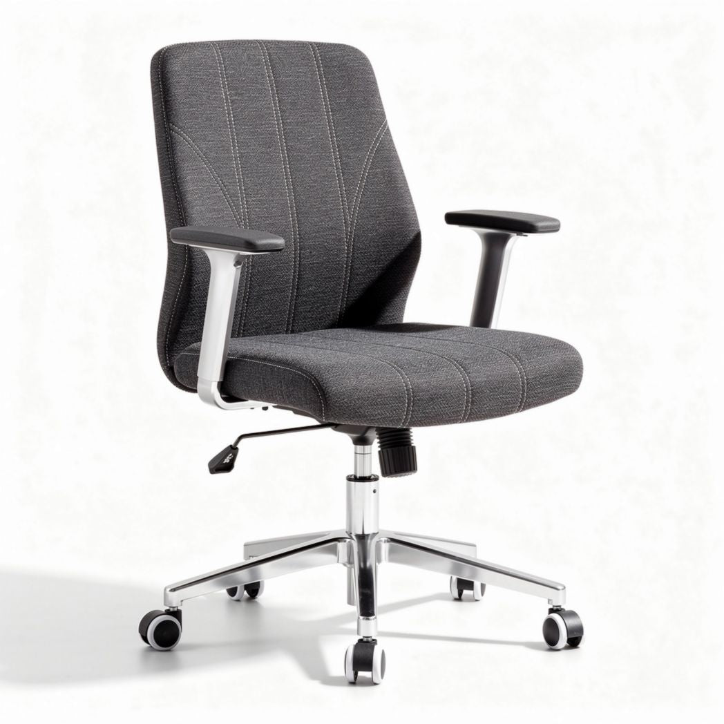 Ergonomic office chair with adjustable height and grey fabric upholstery