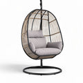 Hanging egg chair with cushion in grey rattan and black metal frame 100 x 70 x 100cm