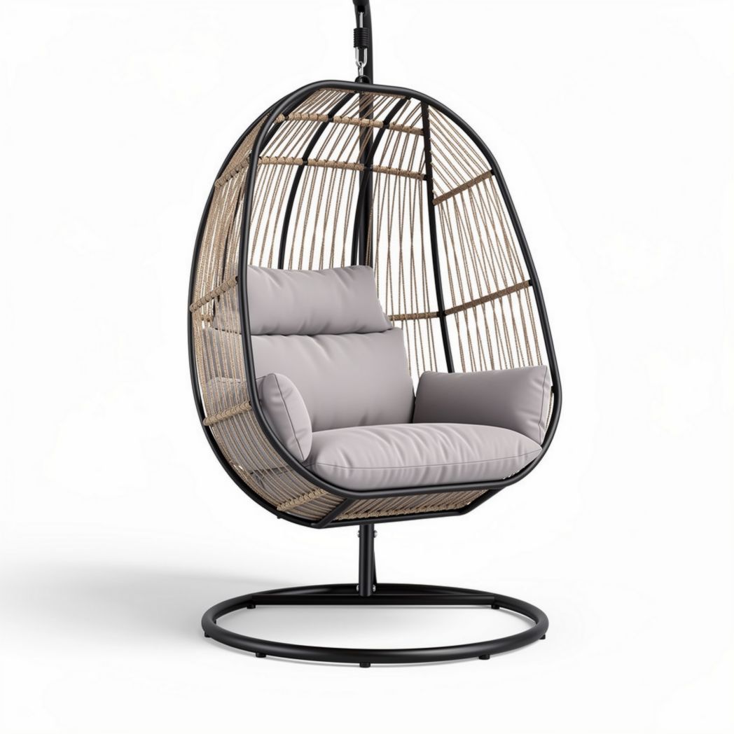 Hanging egg chair with cushion in grey rattan and black metal frame 100 x 70 x 100cm