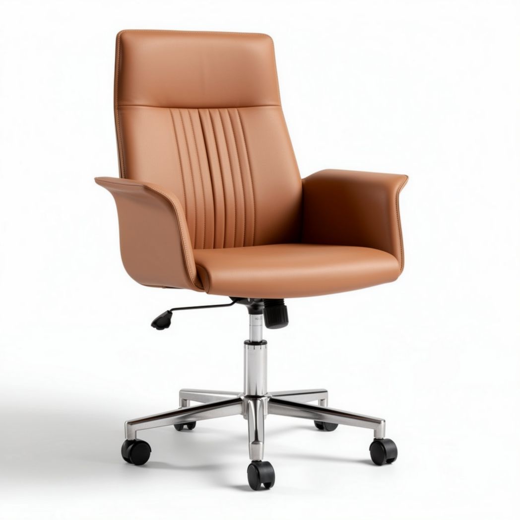 Brown leather ergonomic office chair with adjustable height and rolling casters