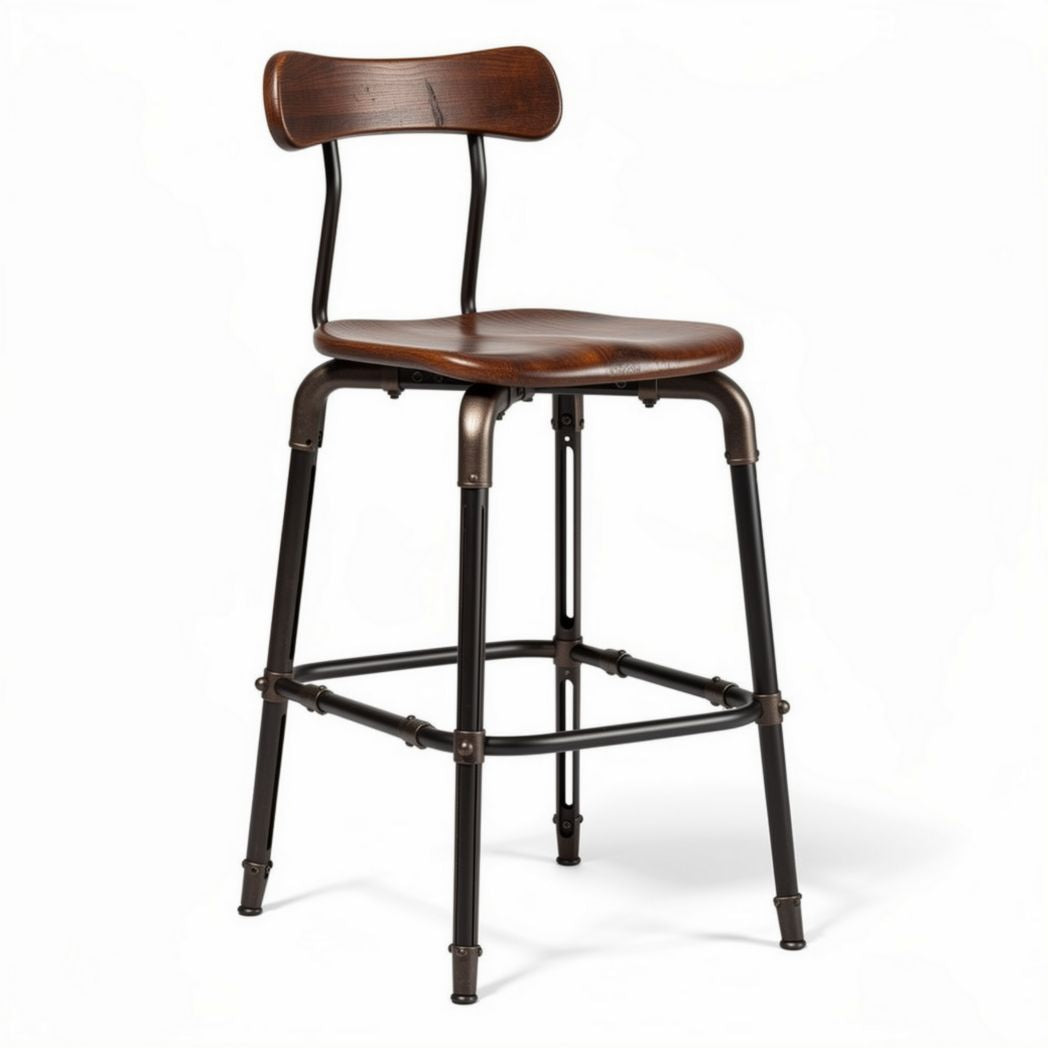 Metal bar stool with wooden seat and backrest in industrial style 80 x 40 x 45cm