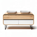 Wooden pet feeding station with dual ceramic bowls and storage drawers 90 x 50 x 40cm
