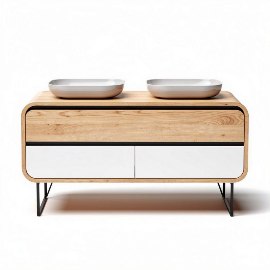 Wooden pet feeding station with dual ceramic bowls and storage drawers 90 x 50 x 40cm