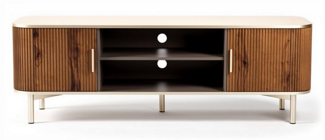 Wooden media console with two cabinets and open shelves for organization 150 x 40 x 50cm
