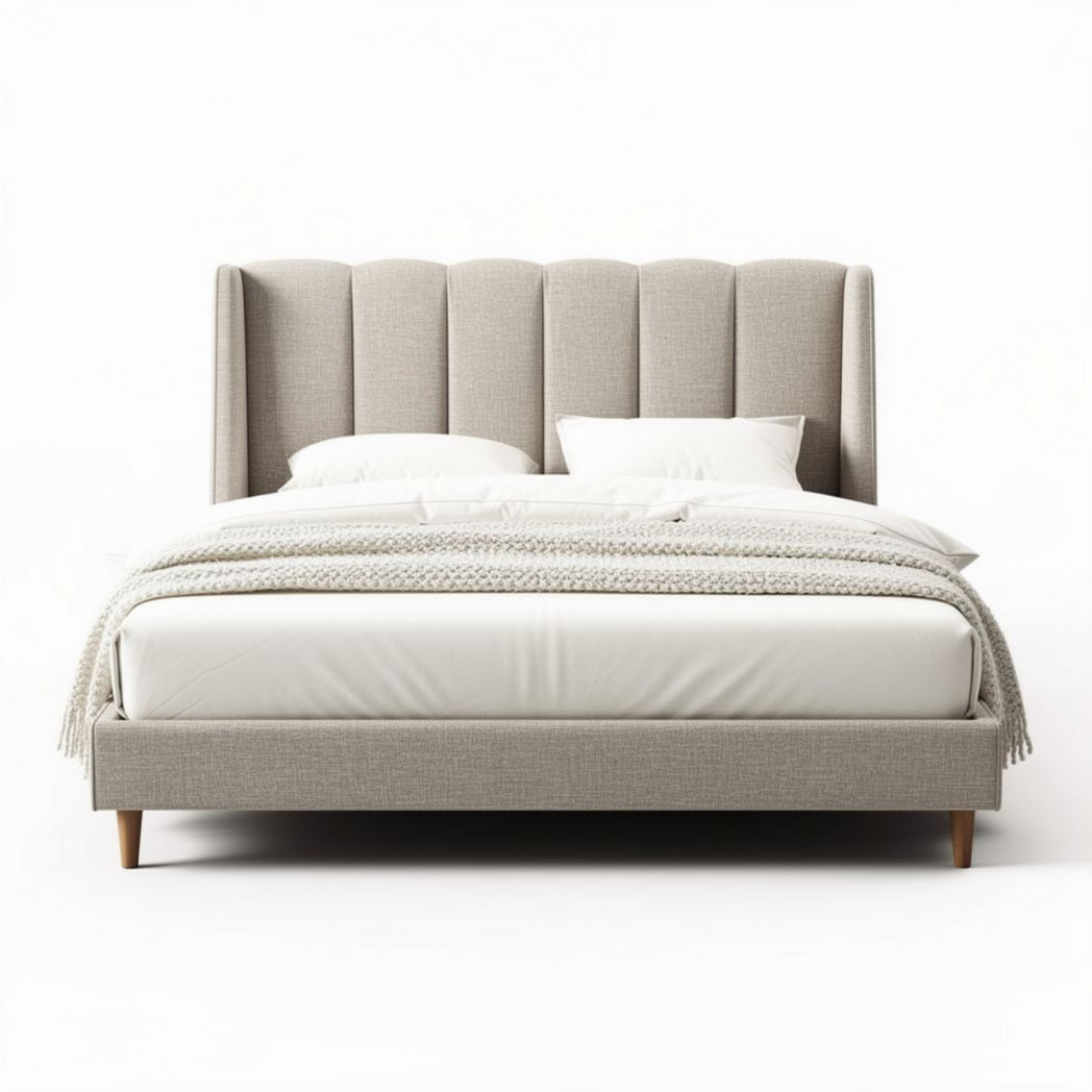 Upholstered bed frame with tufted headboard in neutral linen 200 x 160 x 100cm