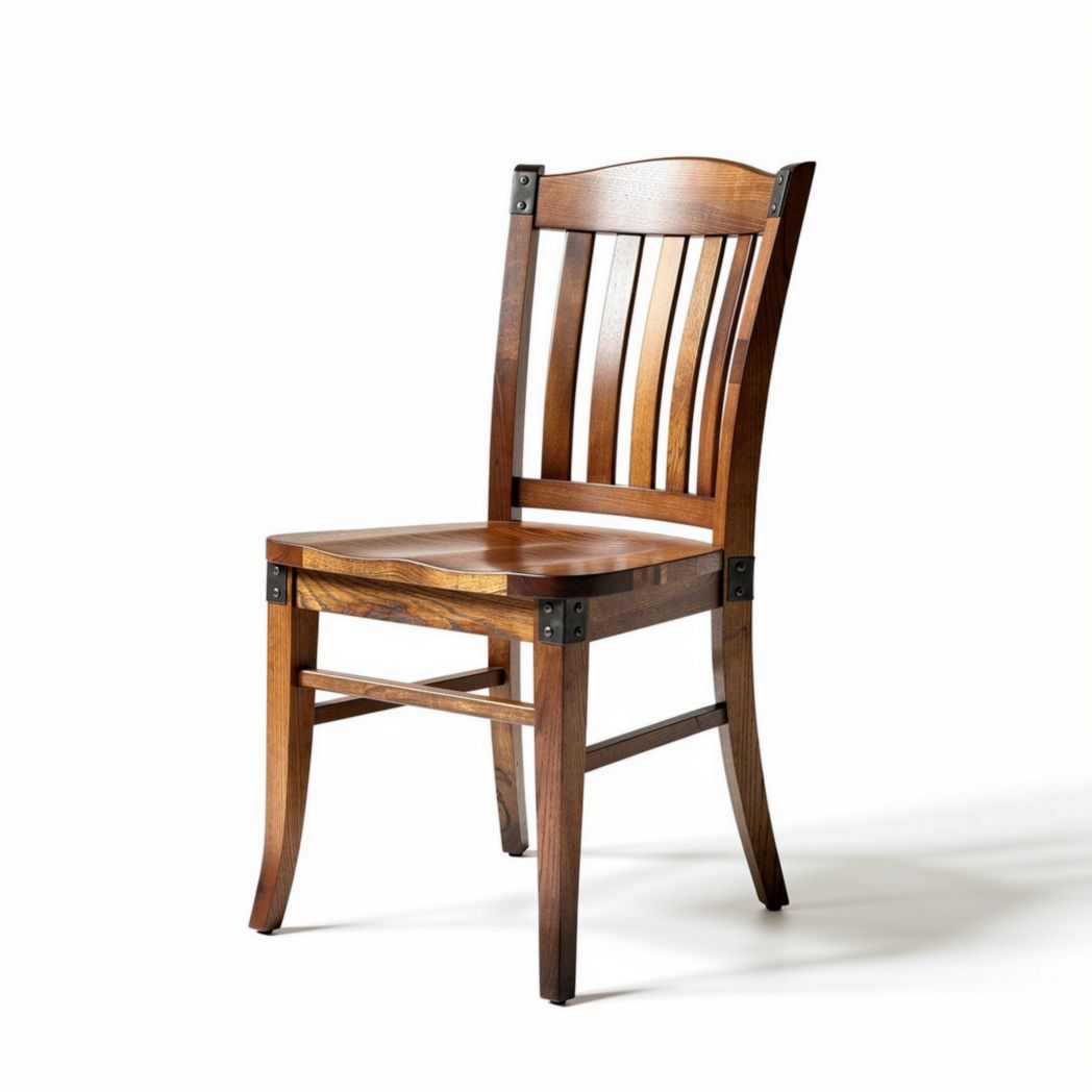 Solid wood dining chair with slatted back and sturdy legs in brown finish