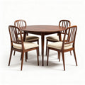 Round wooden dining table set with four beige upholstered chairs 150 x 150 x 75cm