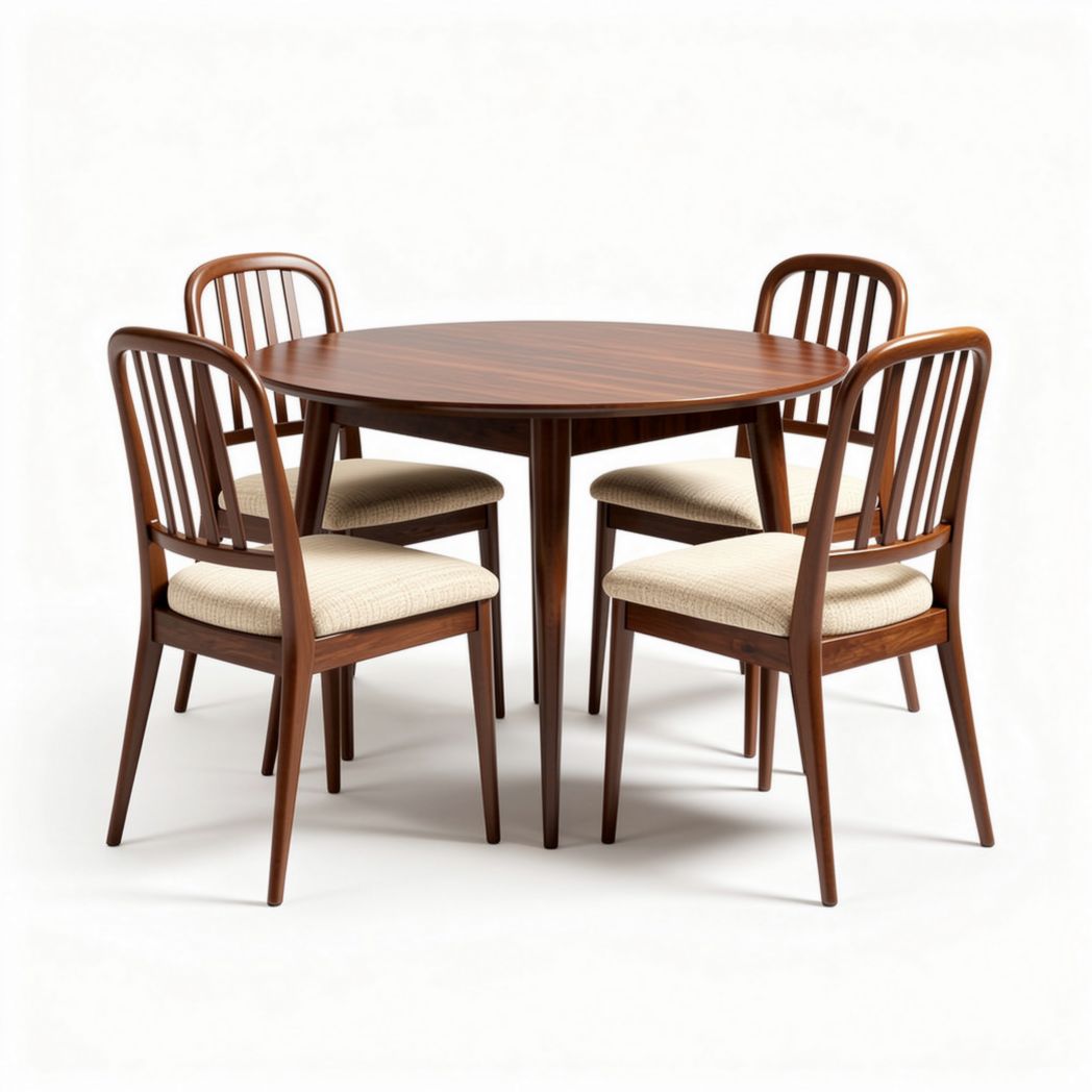 Round wooden dining table set with four beige upholstered chairs 150 x 150 x 75cm