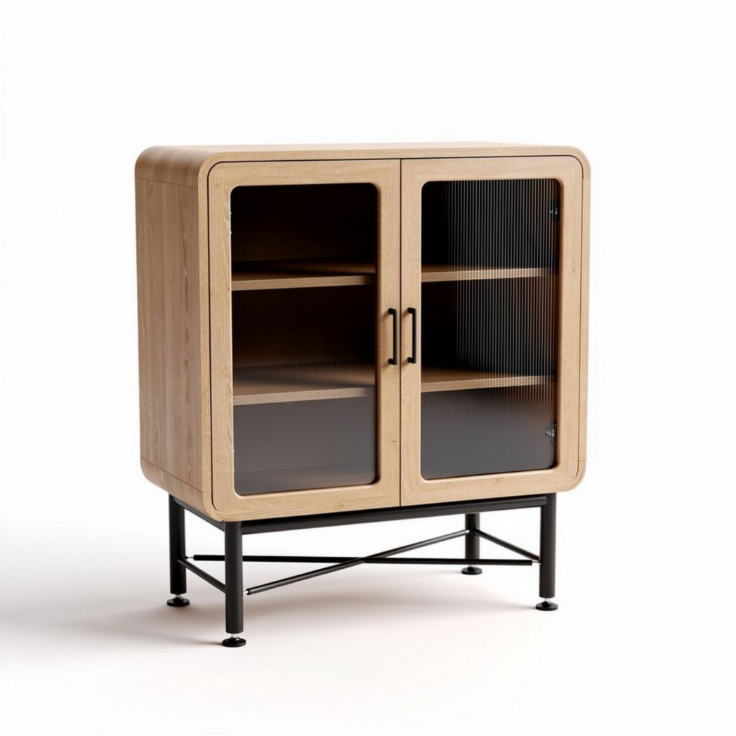 Wooden storage cabinet with glass doors and black metal legs 80 x 40 x 90cm